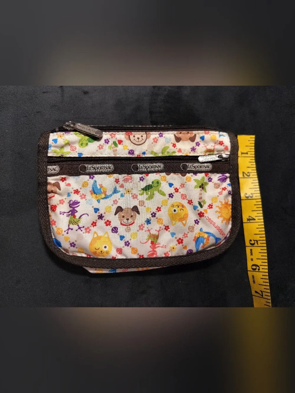 NEW Lesportsac Multicolor Animal Print Small 2 Zip Pouch with Brown Trim
